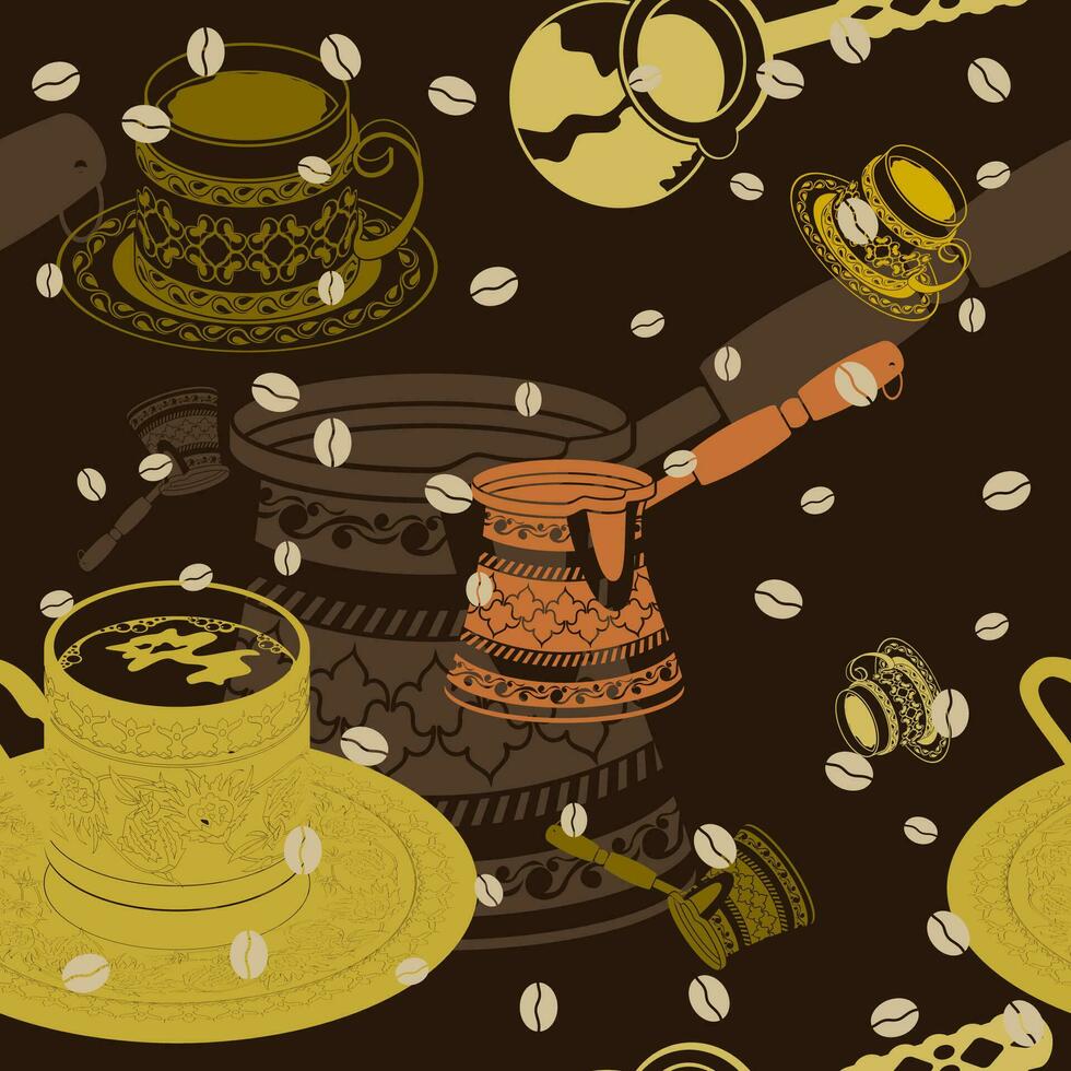 editable plano monocromo turco café vector ilustración y café frijoles silueta como sin costura modelo con oscuro antecedentes para café o café industria y otomano turco cultura diseño