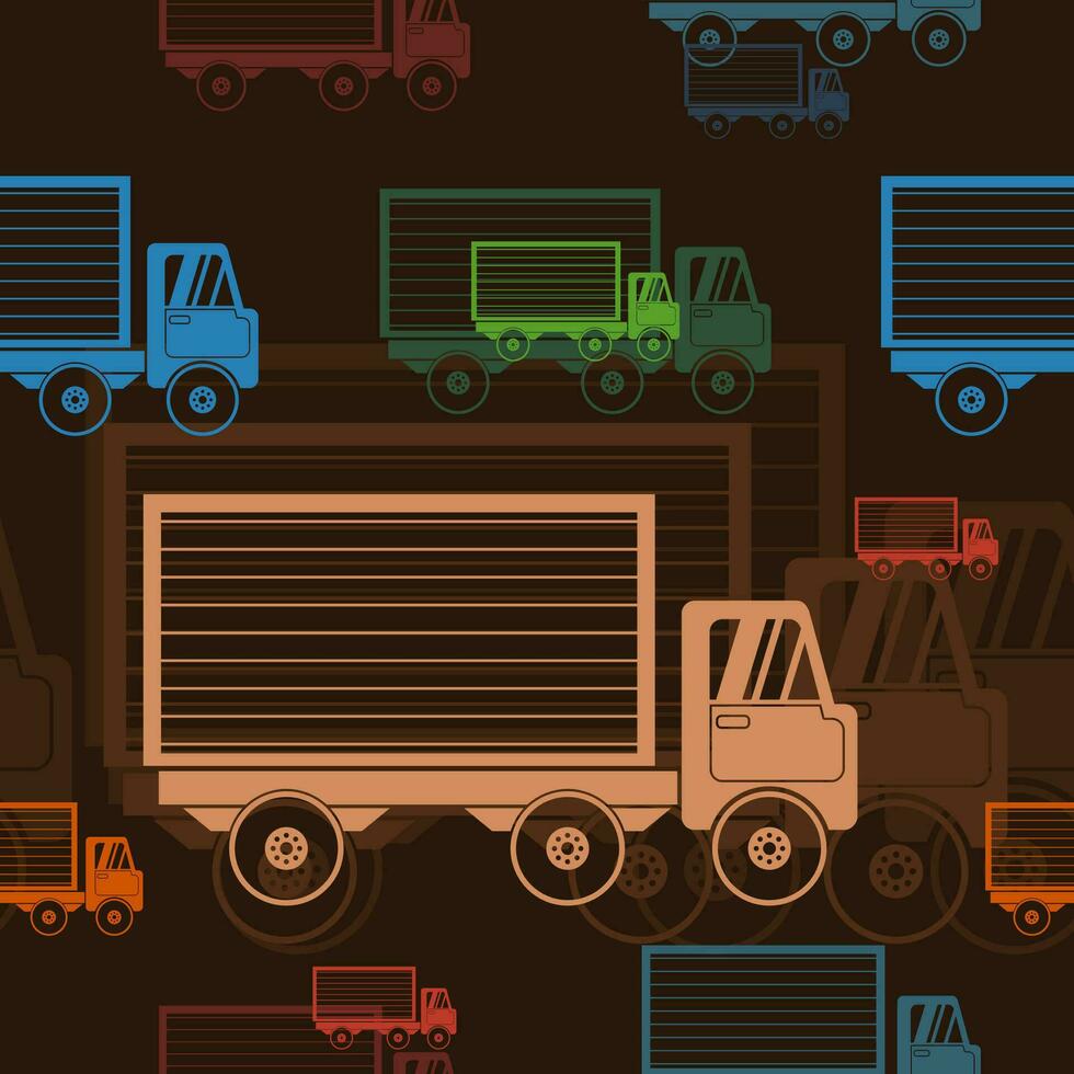 editable plano monocromo estilo lado ver Envío camiones en varios colores vector ilustración como sin costura modelo con oscuro antecedentes para en línea tienda o transporte relacionado diseño