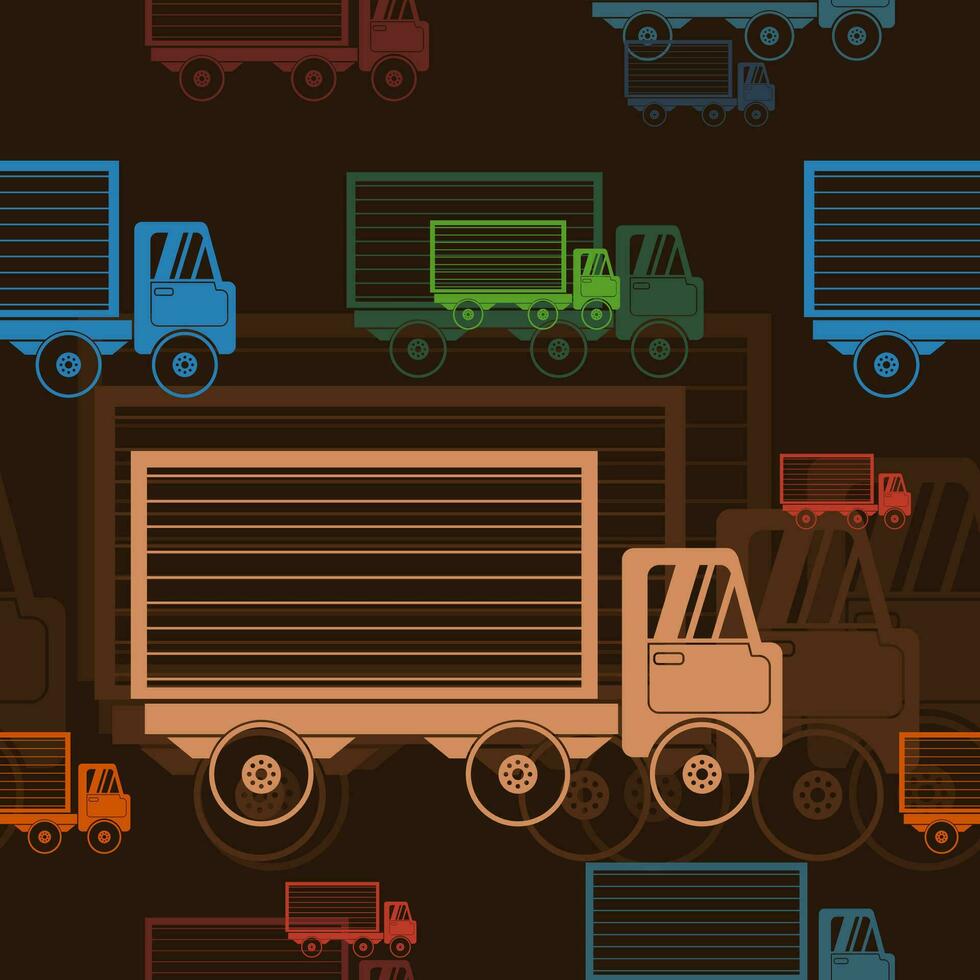 Editable Flat Monochrome Style Side View Shipping Trucks in Various Colors Vector Illustration as Seamless Pattern With Dark Background for Online Shop or Transportation Related Design