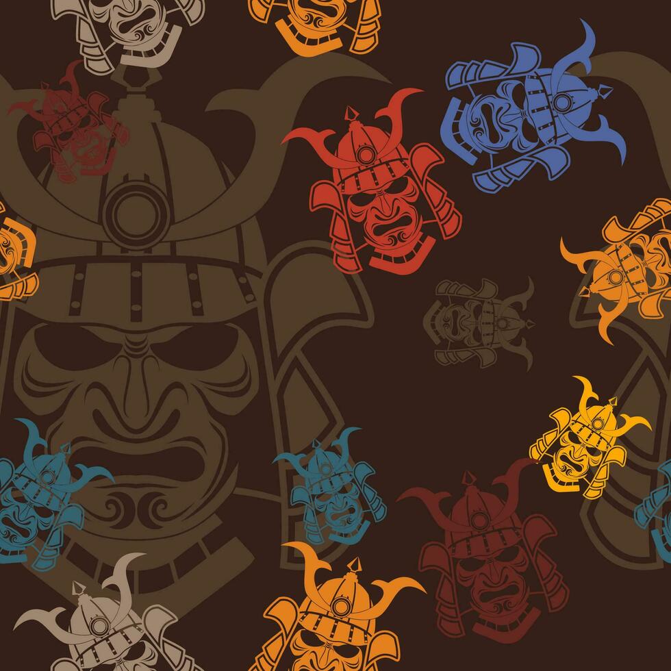 editable plano estilo samurai antiguo japonés guerrero cara máscara vector ilustración sin costura modelo en varios colores con oscuro antecedentes para turismo viaje y histórico o cultural educación