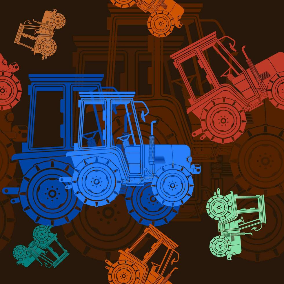 Editable Side View Flat Monochrome Farm Tractors Vector Illustration in Various Colors as Seamless Pattern With Dark Background for Vehicle or Agriculture Related Design