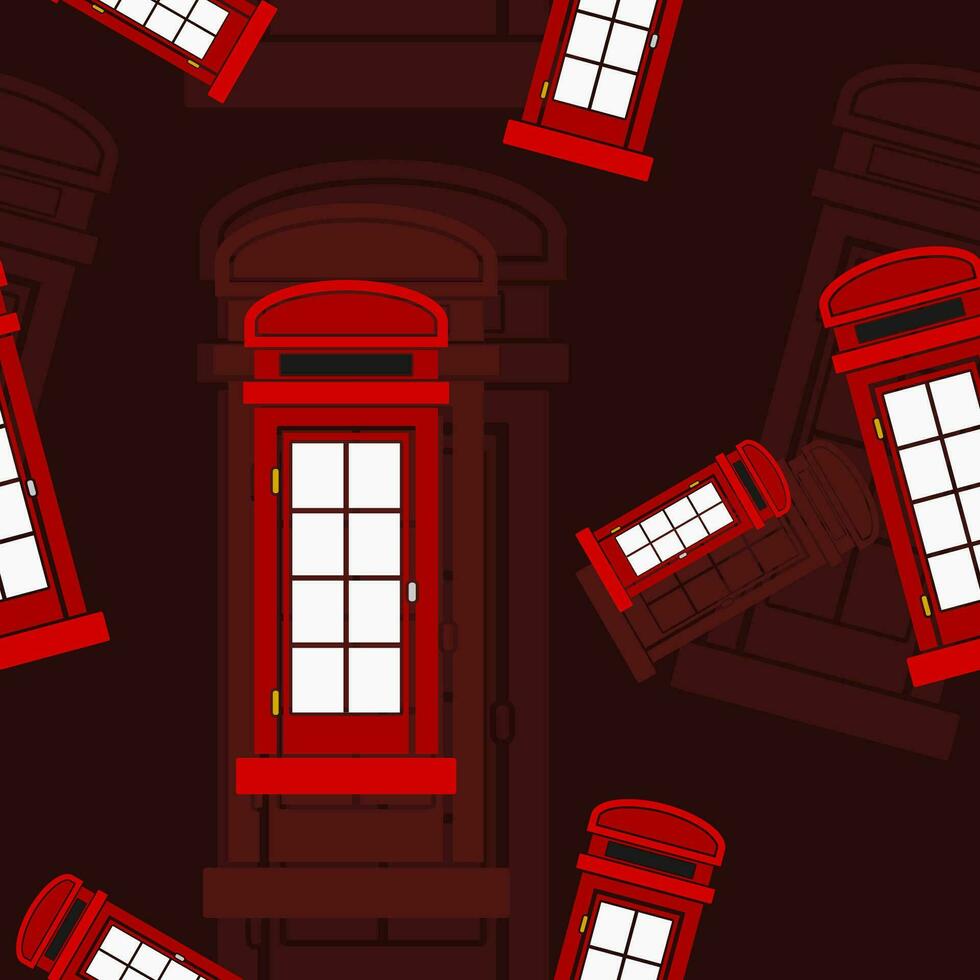 Editable Red Typical Traditional English Telephone Booth in Flat Style Vector Illustration as Seamless Pattern With Dark Background for England Culture Tradition and History
