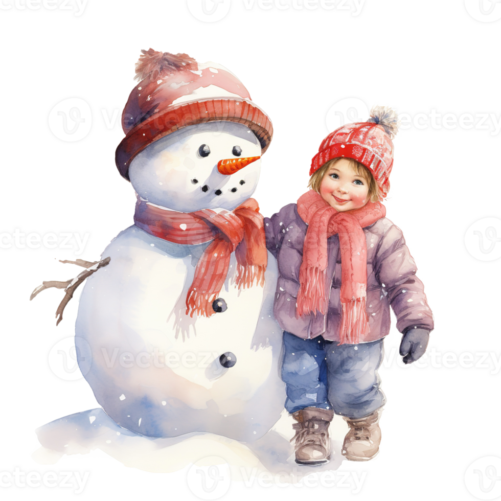 AI generated Children and Snowman For Christmas Event. Watercolor Style. AI Generated png