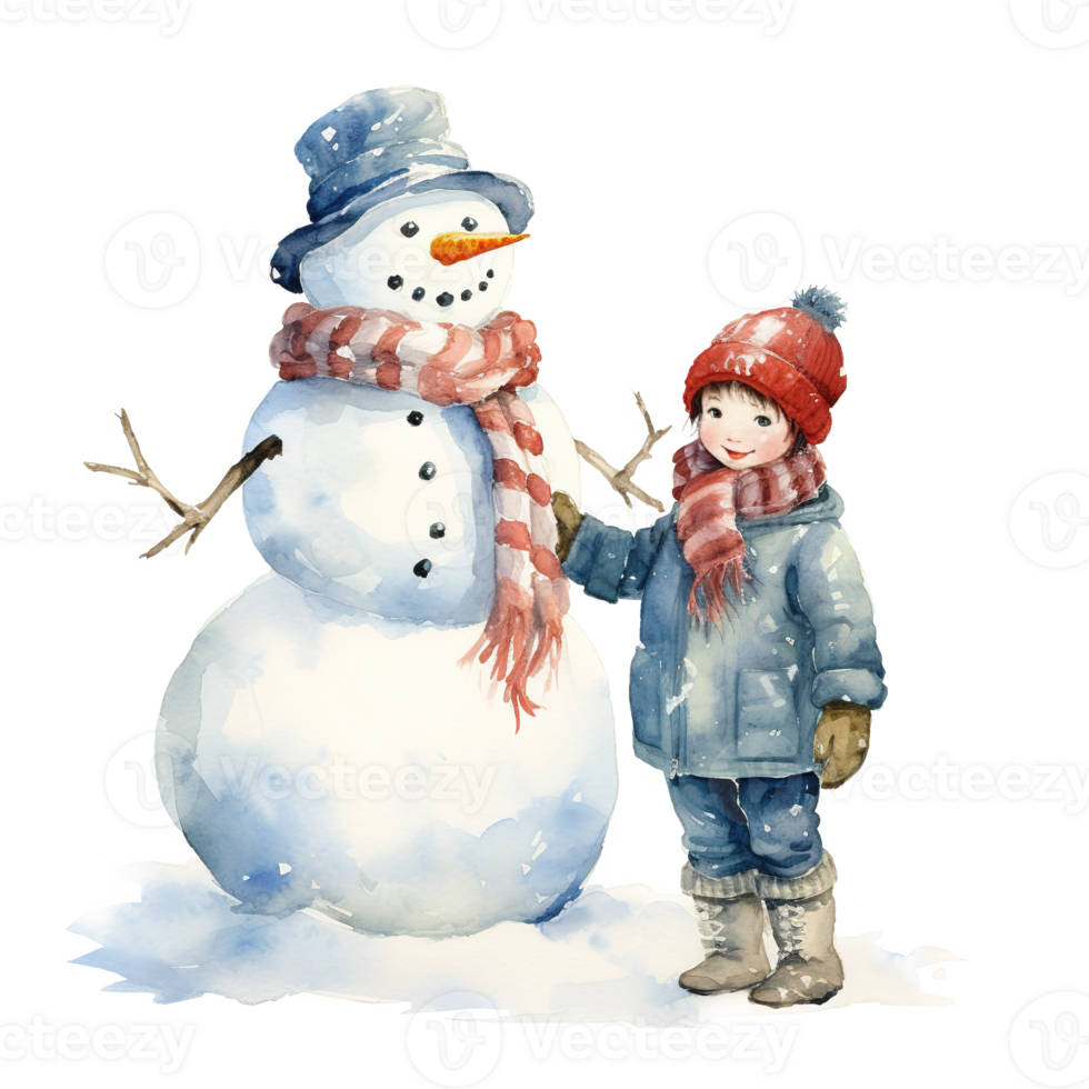 AI generated Children and Snowman For Christmas Event. Watercolor Style. AI Generated png