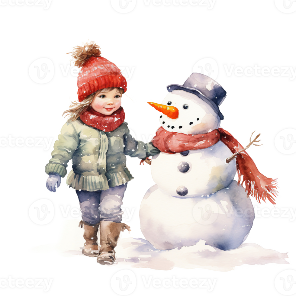 AI generated Children and Snowman For Christmas Event. Watercolor Style. AI Generated png