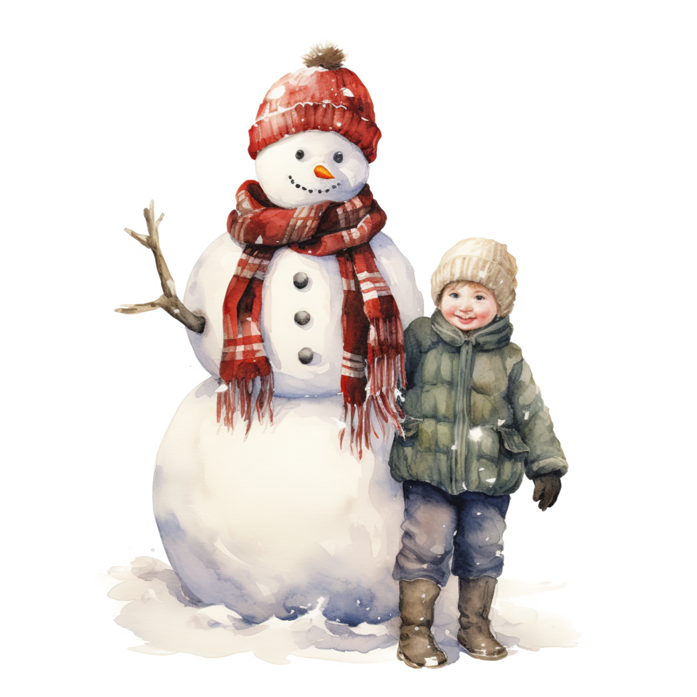 AI generated Children and Snowman For Christmas Event. Watercolor Style. AI Generated png