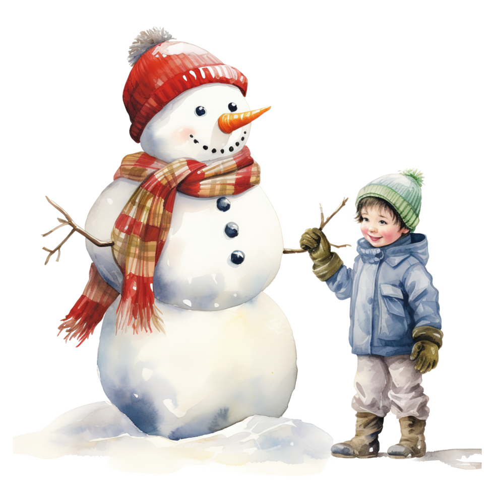 AI generated Children and Snowman For Christmas Event. Watercolor Style. AI Generated png