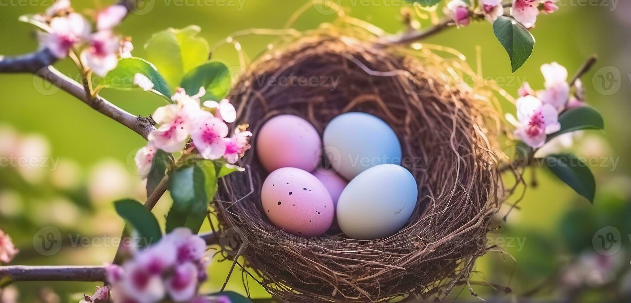 Bird nest in a flowering tree with easter eggs for Easter, Generative AI photo