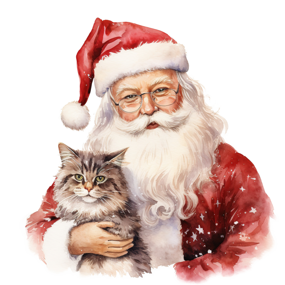 AI generated Santa and Cat For Christmas Event. Watercolor Style. AI Generated png