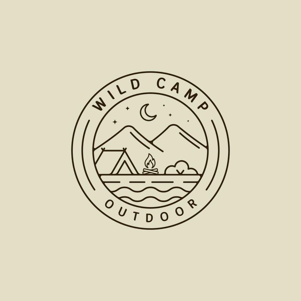 camping logo vector line art simple minimalist illustration template icon graphic design. night camp with bonfire at wild nature sign or symbol for travel or adventure concept with circle badge