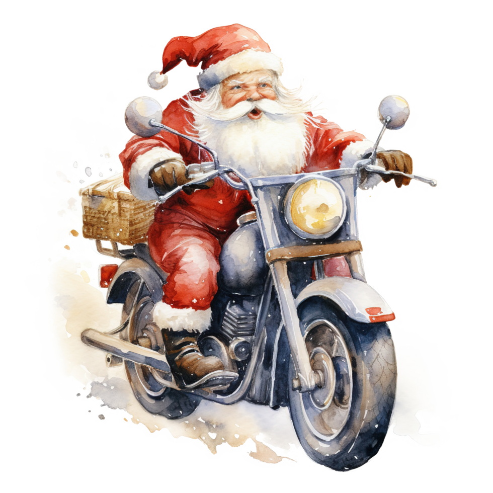ai genererad santa ridning en cykel för jul händelse. vattenfärg stil. ai genererad png