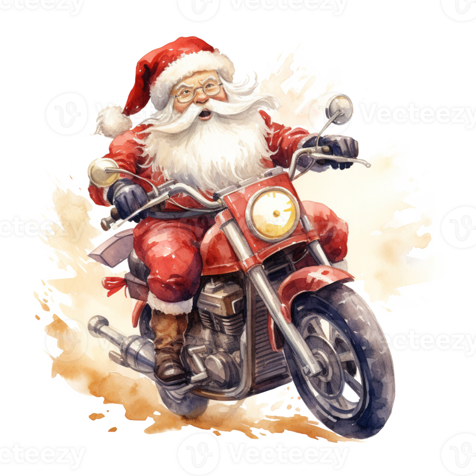 ai generato Santa equitazione un' bicicletta per Natale evento. acquerello stile. ai generato png