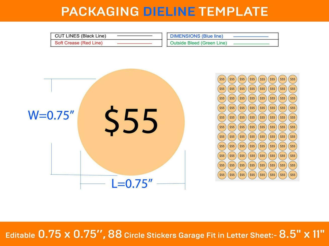 Circle 55 doller price stickers garage sale labels fit in letter sheet editable 88pcs 0.75 x 0.75 inch vector