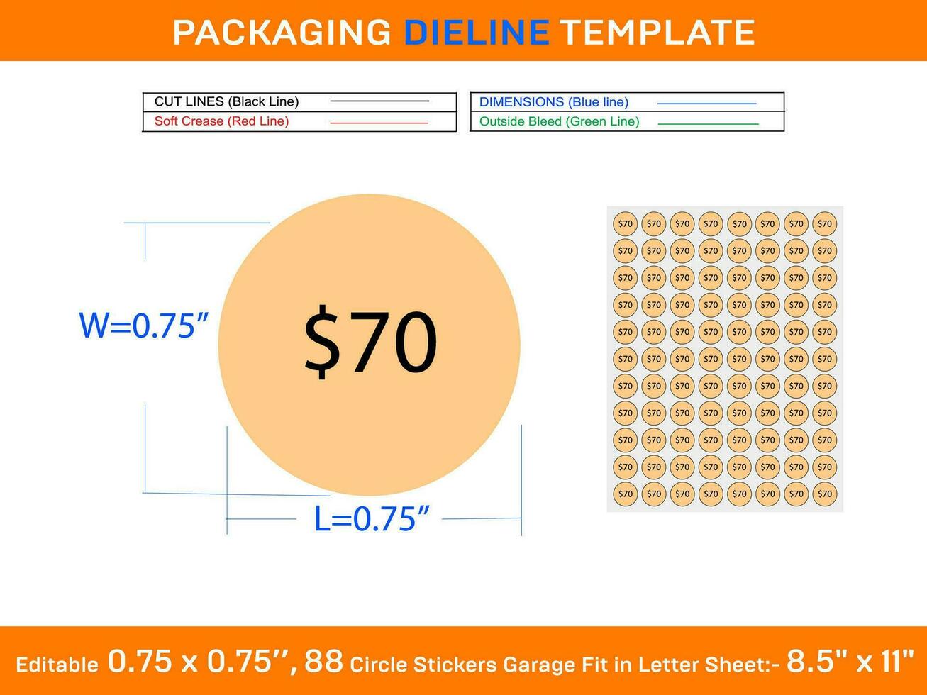 Circle 70 doller price stickers garage sale labels fit in letter sheet editable 88pcs 0.75 x 0.75 inch vector