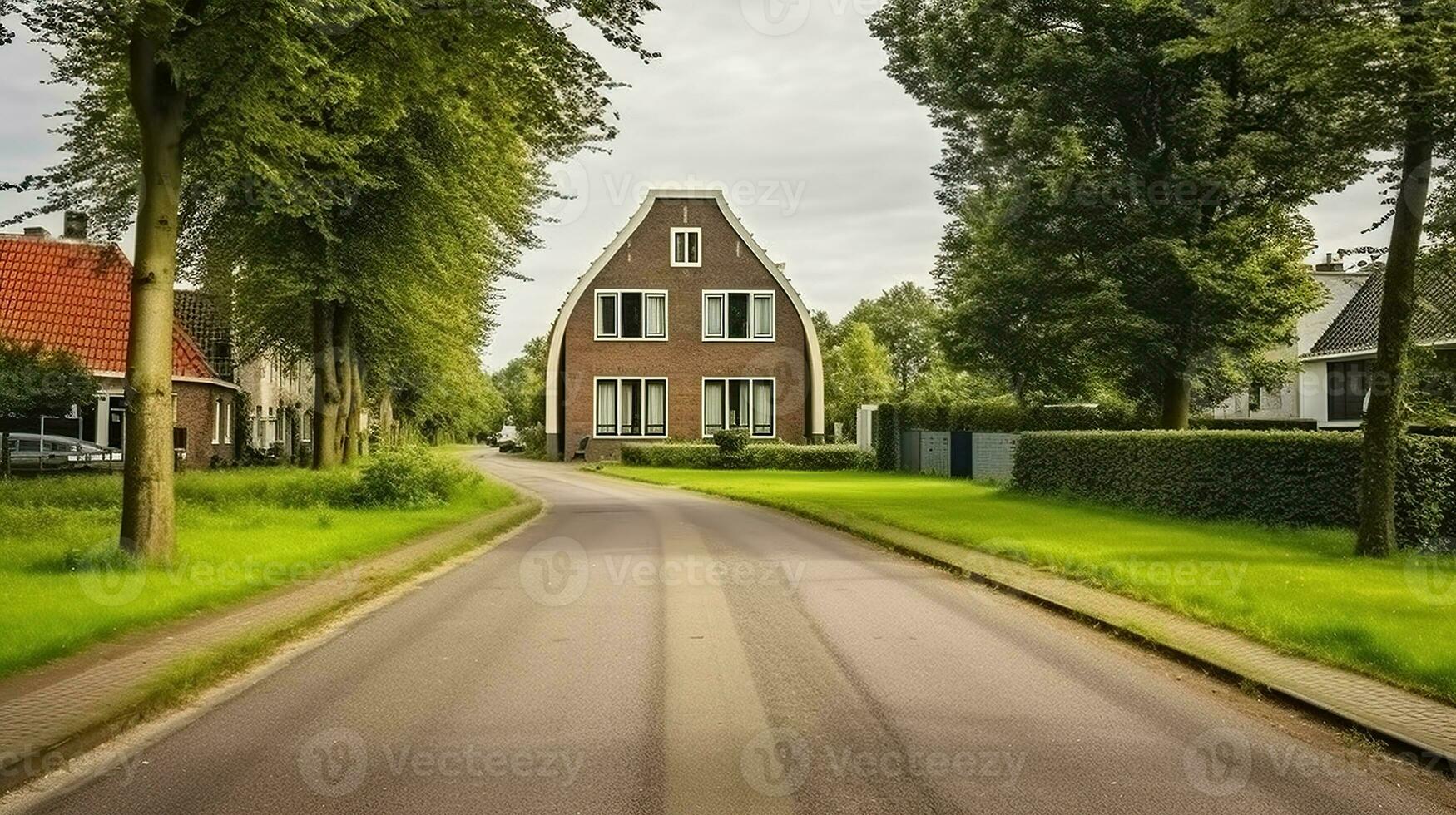 Asphalt roadway against dwelling building exteriors and meadows with trees under cloudy sky. Generative AI photo