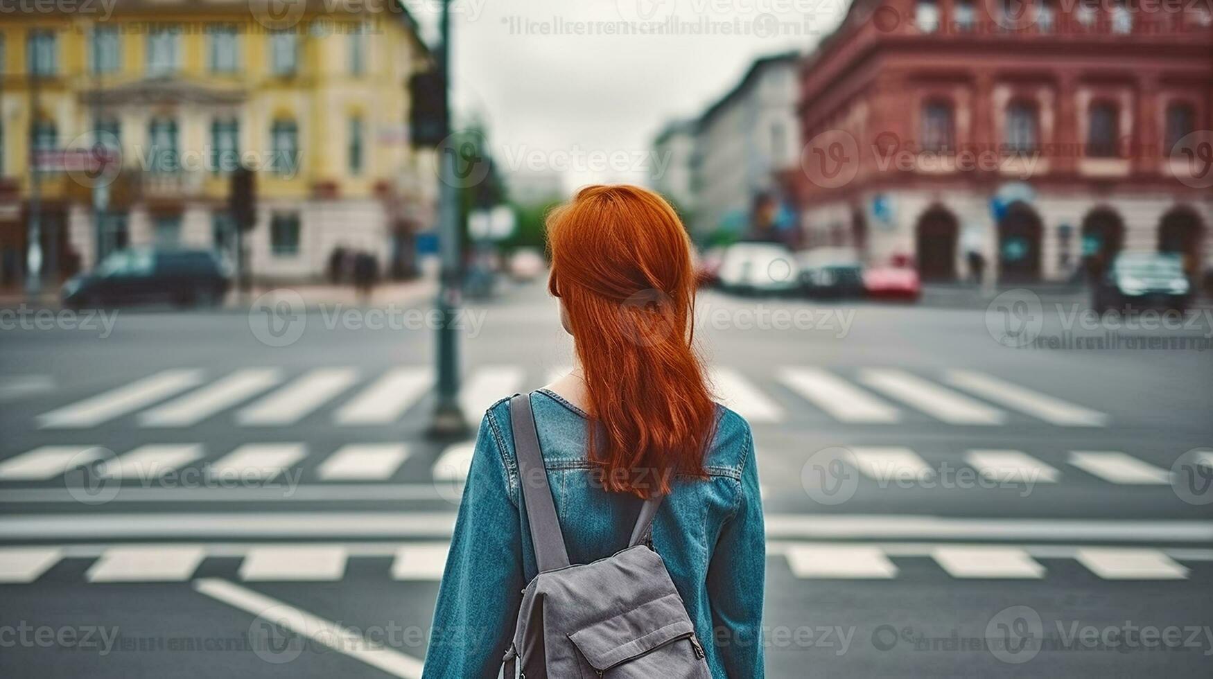 Back view of anonymous female with red hair standing near crosswalk. Generative AI photo