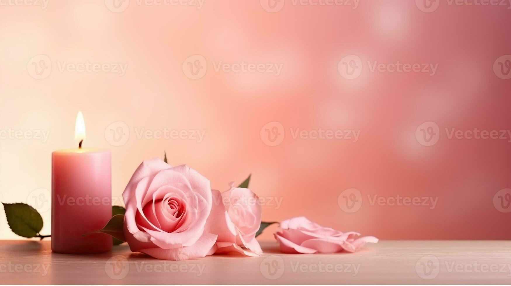 Pink Roses and Flickering Candle on a Soft Pink Background, Creating a Tranquil Atmosphere. Generative AI photo