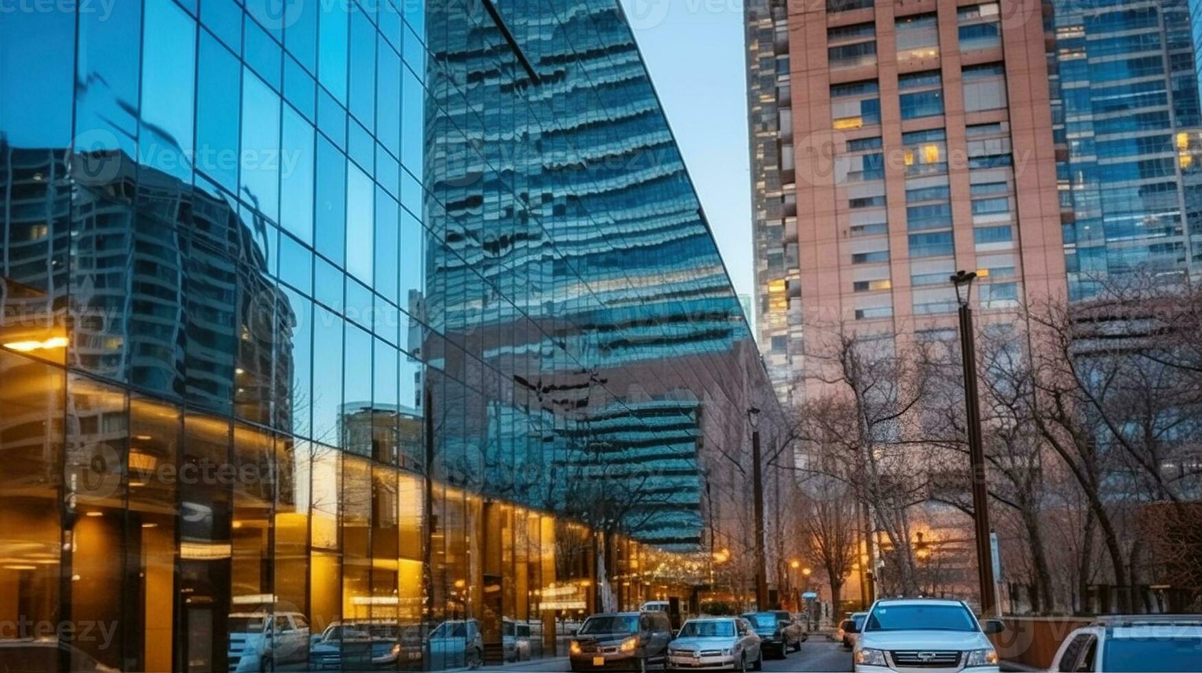 Contemporary high rise multistoried buildings with glass mirrored walls on calm street in downtown with restaurants clubs and commercial offices, Generative AI photo