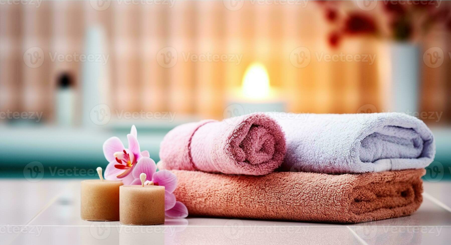 Feminine beauty and spa products, Stack of towels, and burning candles. Generative AI photo