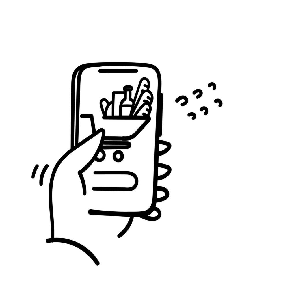 hand drawn doodle buying groceries from mobile icon vector