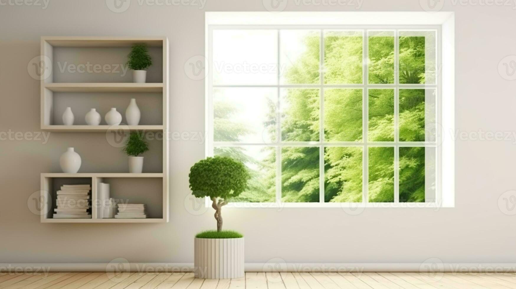 White room with shelf and green landscape in window. Scandinavian interior design. Generative AI photo