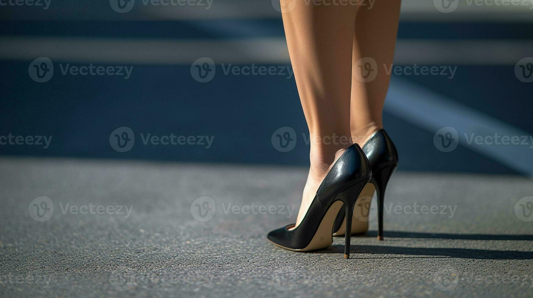 Close up of slim legs of woman wearing high heel shoes. Generative AI photo