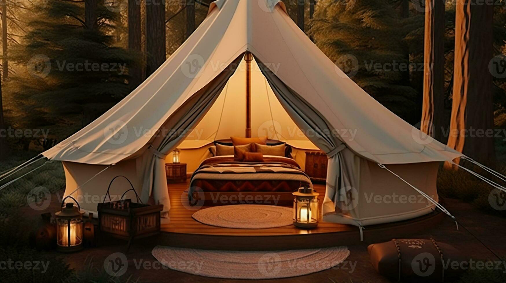 Create a ultra realistic, luxurious, Glamping bell tent getaway. Generative AI photo