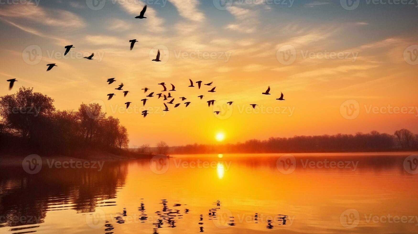 Majestic Birds in Silhouette Gracefully Glide Over the Enchanting Lake at Sunset. Generative AI photo