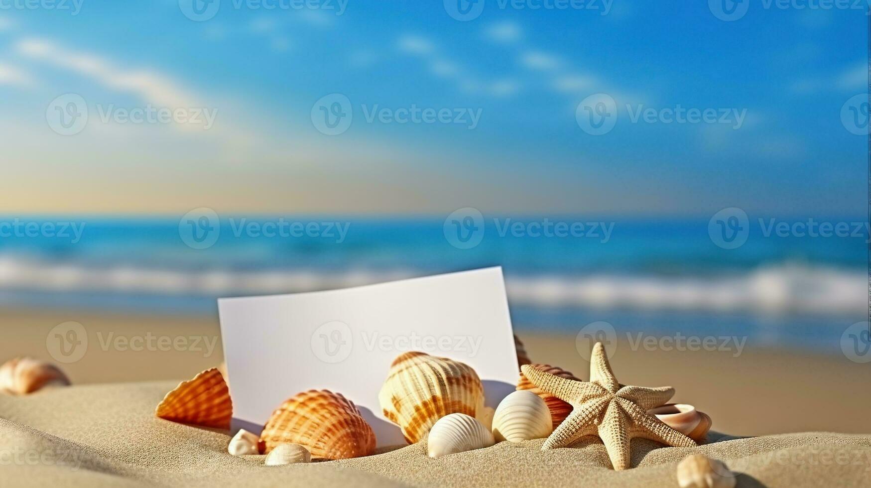 Seashells with blank card on sand beach, Generative AI photo