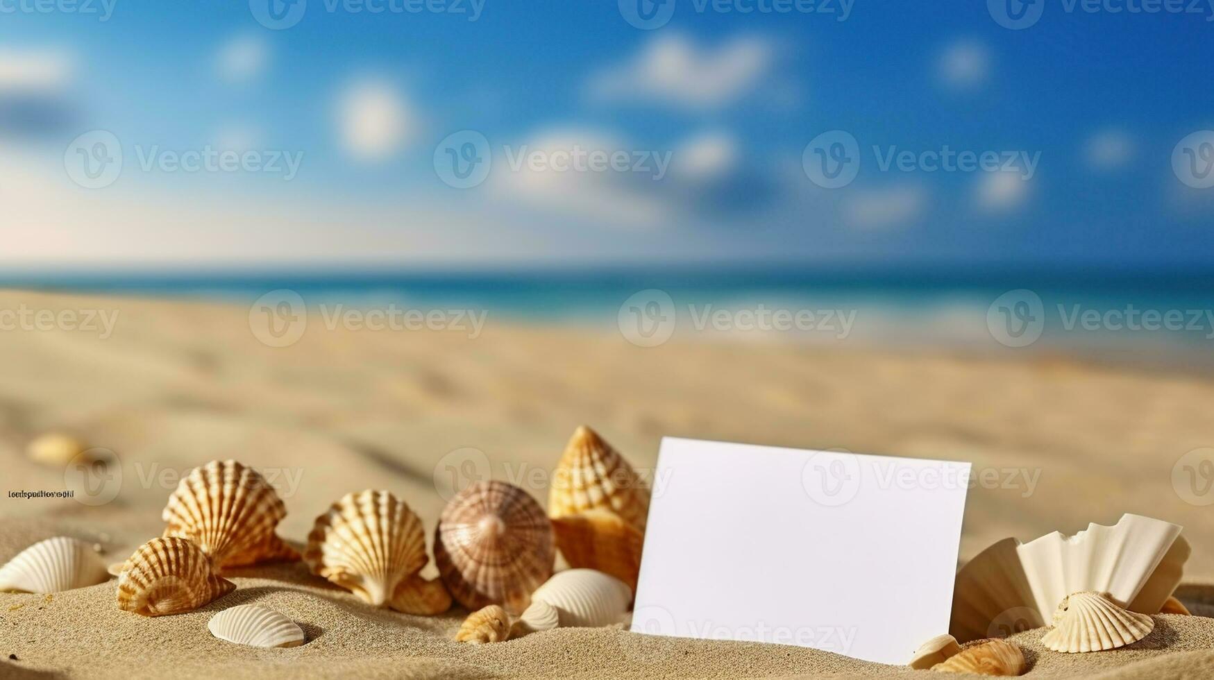 Messages from the Sea, Seashells and a Blank Card on Sandy Shores, Generative AI photo