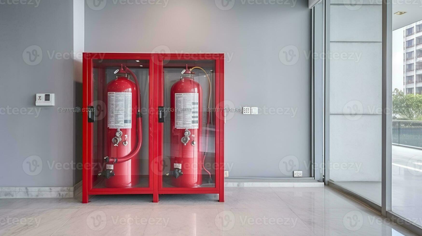 Fire extinguisher cabinet in the hall of office building for preparing to prevent fire, fire extinguisher equipment for protection. Generative AI photo