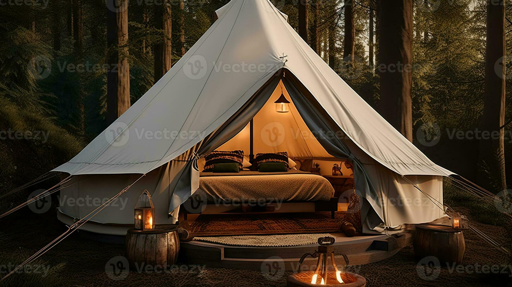 Luxurious camping experience, this campsite design could include comfortable tents equipped with fur bedding, electricity, a clawfoot tub outside and other amenities. Generative AI photo
