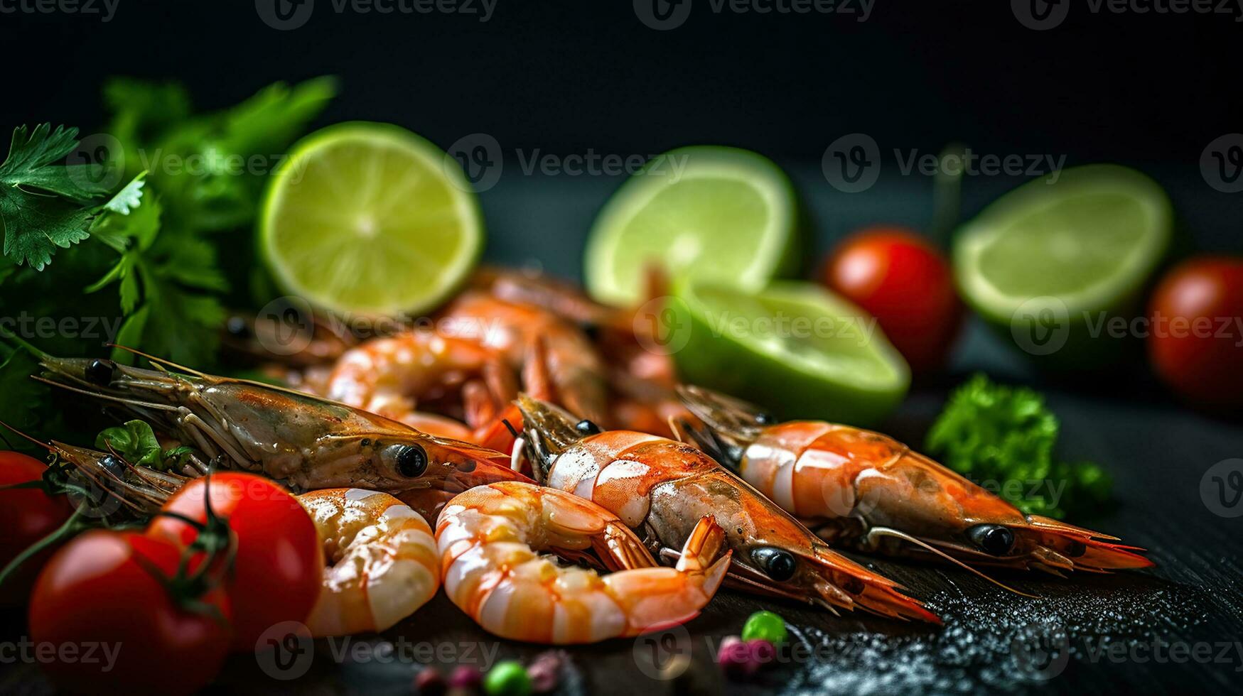 Succulent Raw Shrimps Piled on a Stone Board, Tantalizingly Paired with Juicy Cherry Tomatoes, Aromatic Spices, and Refreshing Lime, Set against a Black Rustic Background. Generative AI photo