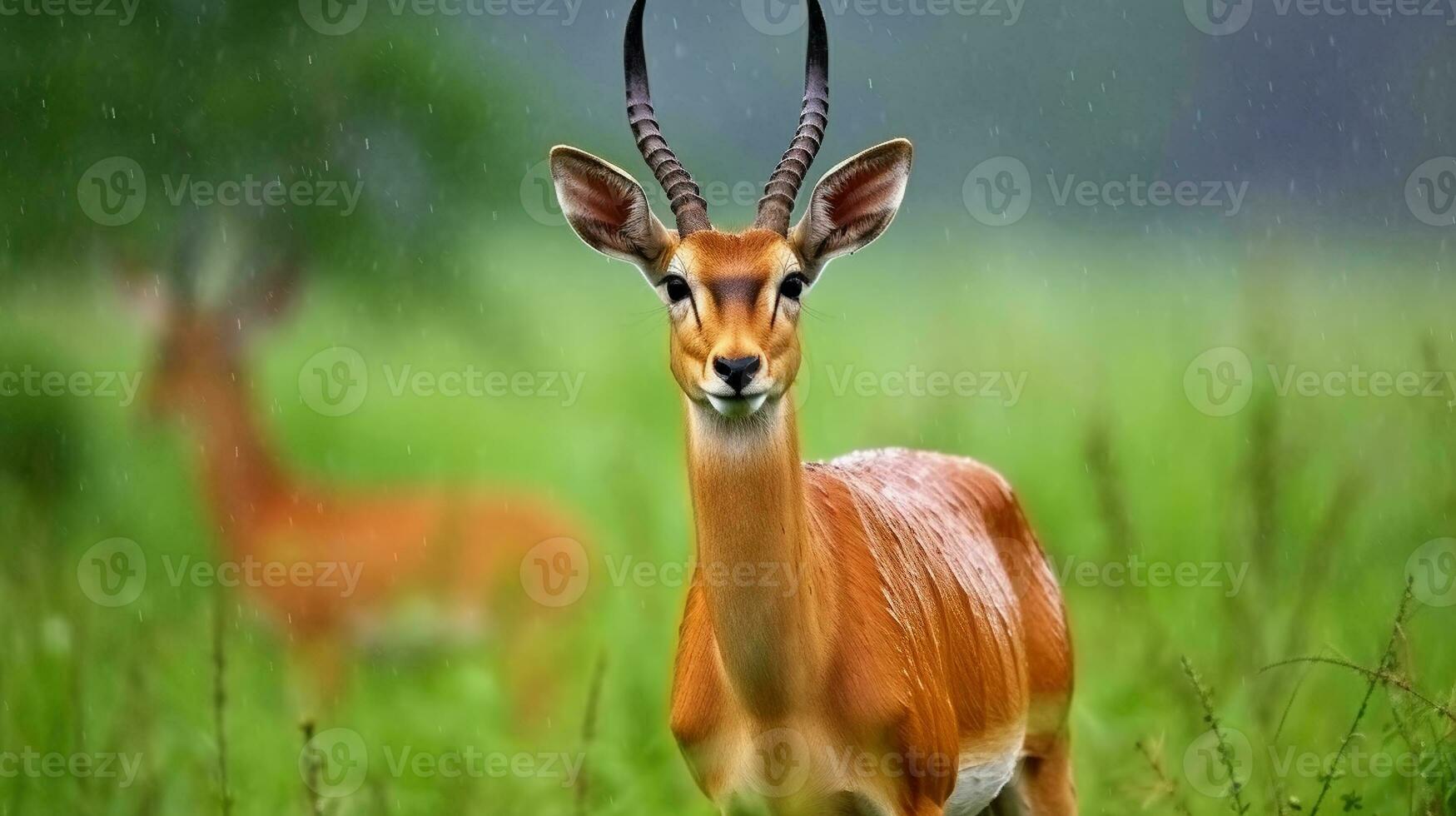 Graceful Wildlife, Captivating Kob Antelope in its Natural Habitat, Thriving in the Rain. Generative AI photo