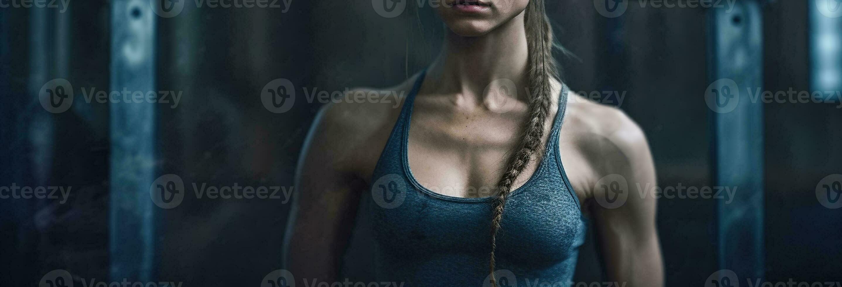 Young muscular woman in a gym lifting dumbs exercise with arms, Generative AI photo