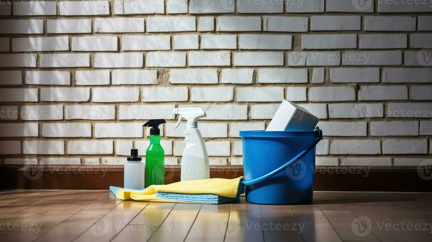 Cleaning items on laminate floor in empty brick wall room. Generative AI photo