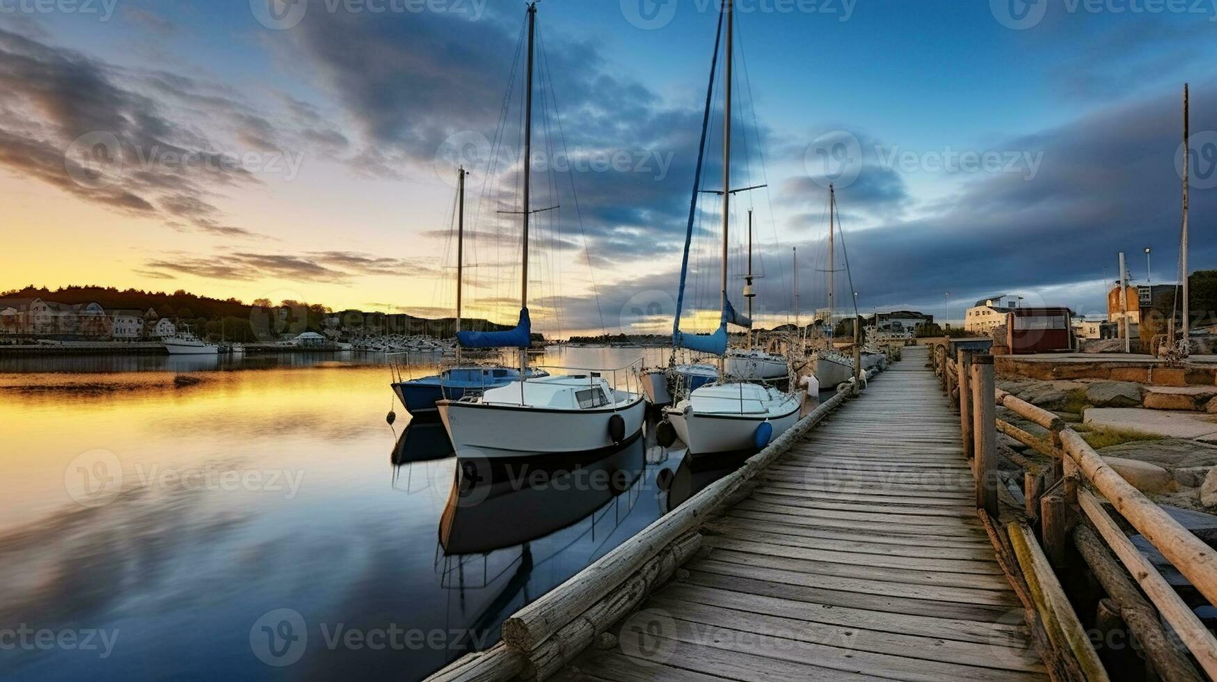 A Tranquil Evening at the Wooden Pier, Moored Boats, and a Scenic Cloudy Blue Sundown Sky. Generative AI photo