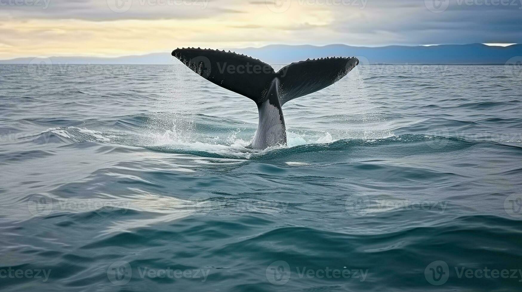 Tail of humpback whale swimming under water of wavy ocean against cloudy sky in Iceland. Generative AI photo