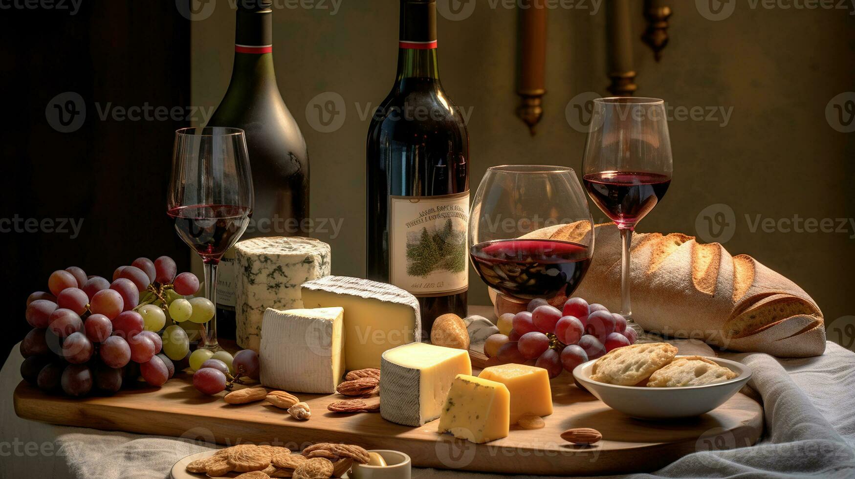 The Perfect Pairings, A Gastronomic Delight of Wine, Cakes, and Cheeses in the Kitchen. Generative AI photo