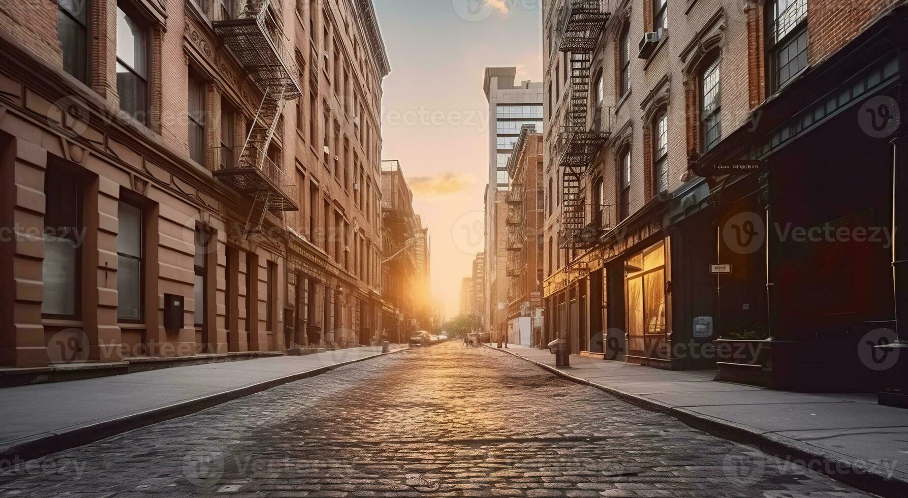 Empty street at sunset time in city street. Generative AI photo