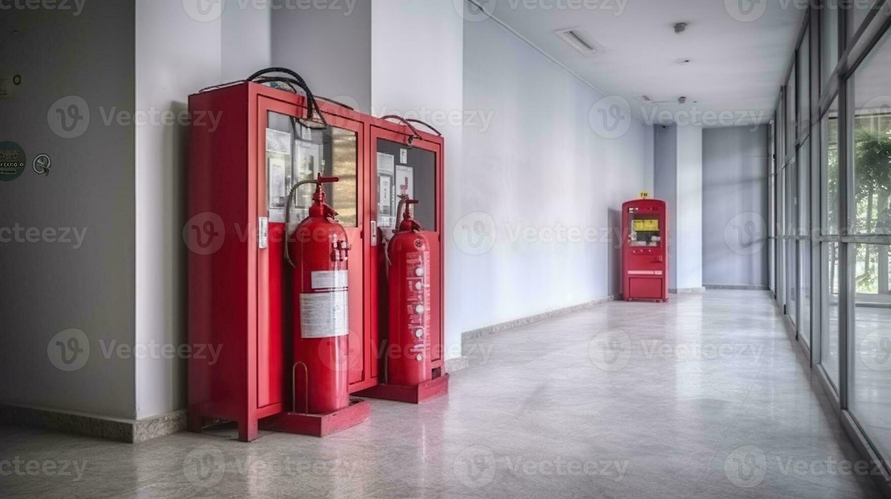 fuego extintor gabinete en el salón de oficina edificio para preparando a evitar fuego. generativo ai foto