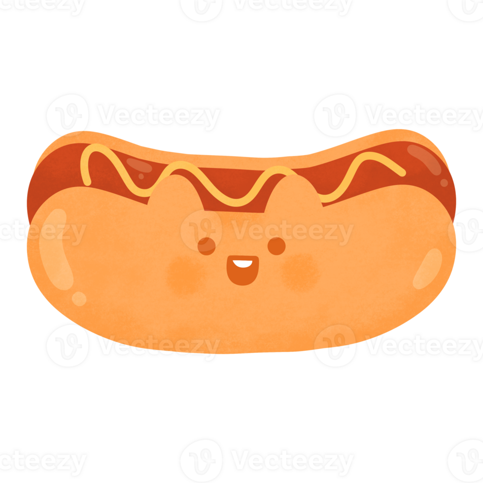 Cute Kawaii cat bread bun hot dog fast food happy character American food png