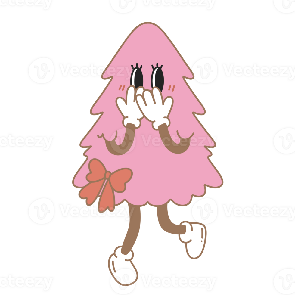 Retro pink Christmas tree Hippie groovy style cute cartoon winter Merry xmas and Happy New year hand draw clipart png