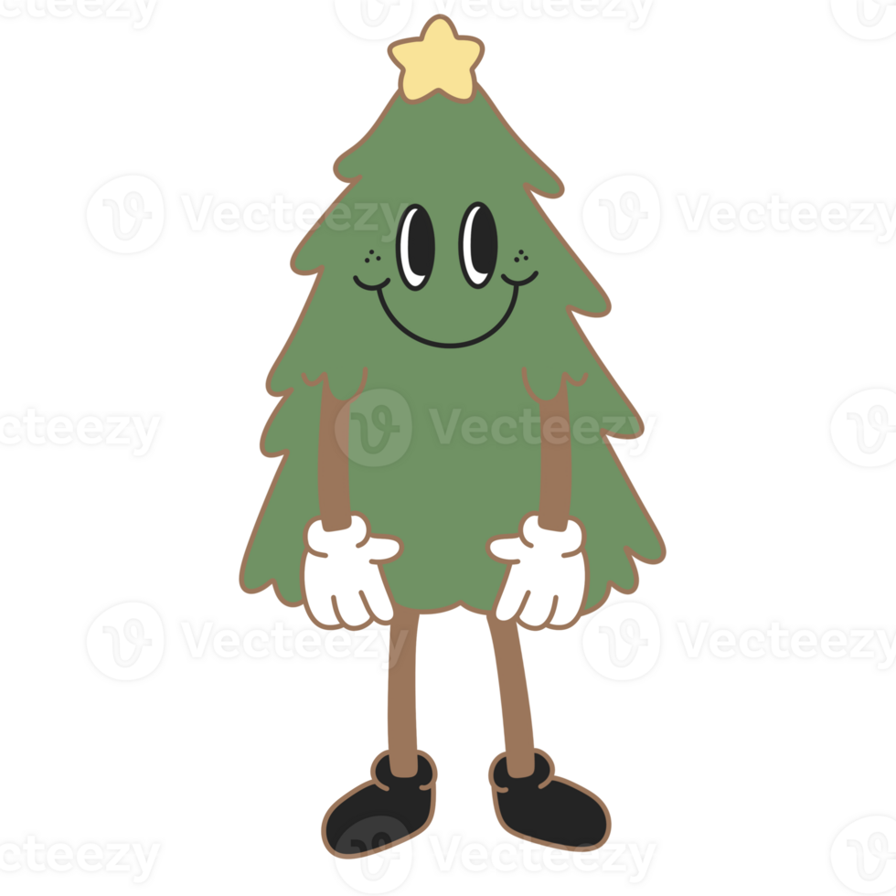 Retro Christmas tree Hippie groovy style cute cartoon winter Merry xmas and Happy New year hand draw clipart png