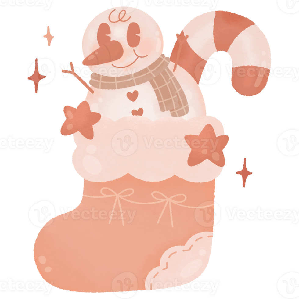 baby snowman and candy cane is stocking ribbon star pink christmas vibes groovy retro cute watercolor cartoon clipart png