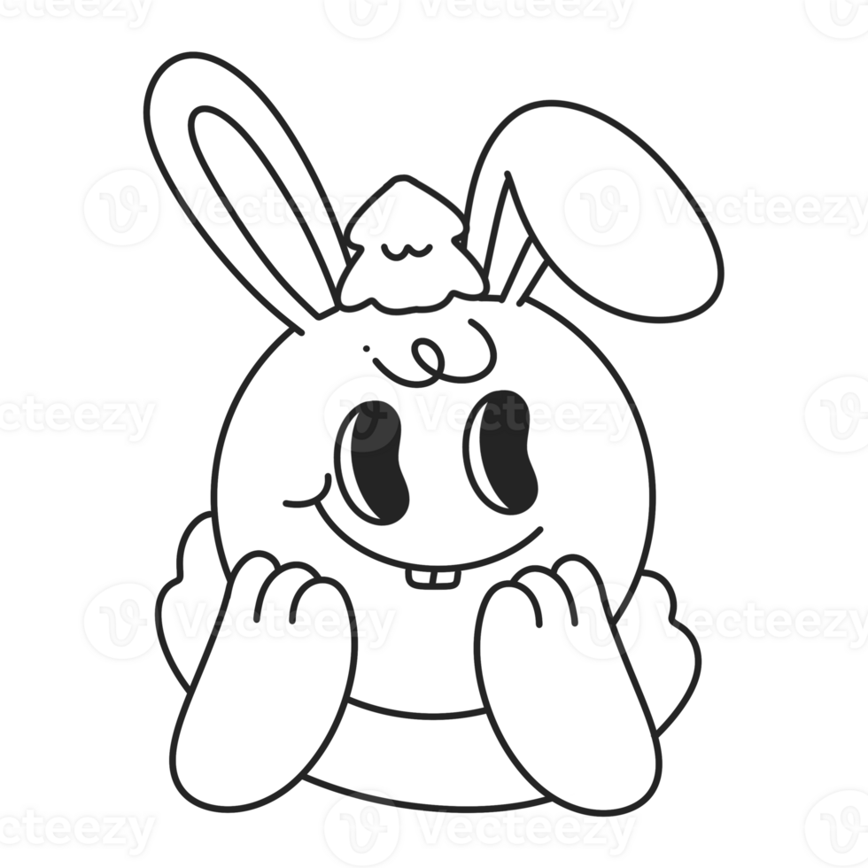 bunny rabbit outline doodle Merry Christmas and Happy New year. trendy retro groovy cartoon style png