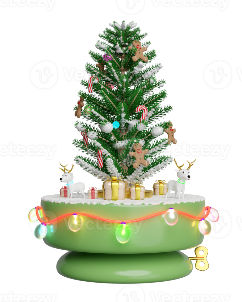 3d musical box with christmas tree, deer, gift box, glass transparent lamp garlands. merry christmas and happy new year, 3d render illustration png