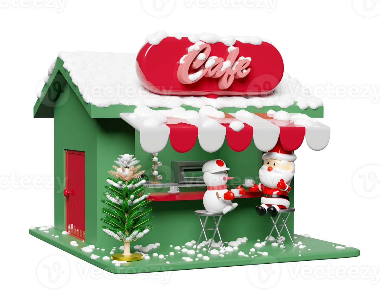 3d store front coffee shop with snowman, santa claus, christmas tree, chair. startup franchise business, merry christmas and happy new year, 3d illustration render png