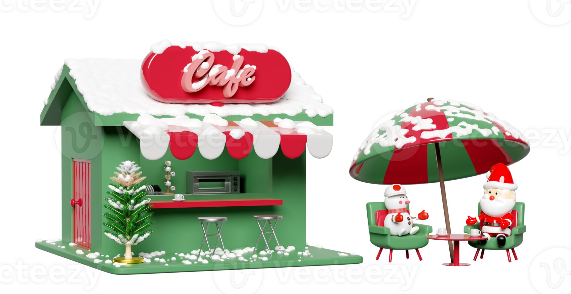 3d store front coffee shop with snowman, santa claus, christmas tree, sofa chair, umbrella. startup franchise business, merry christmas and happy new year, 3d illustration render png