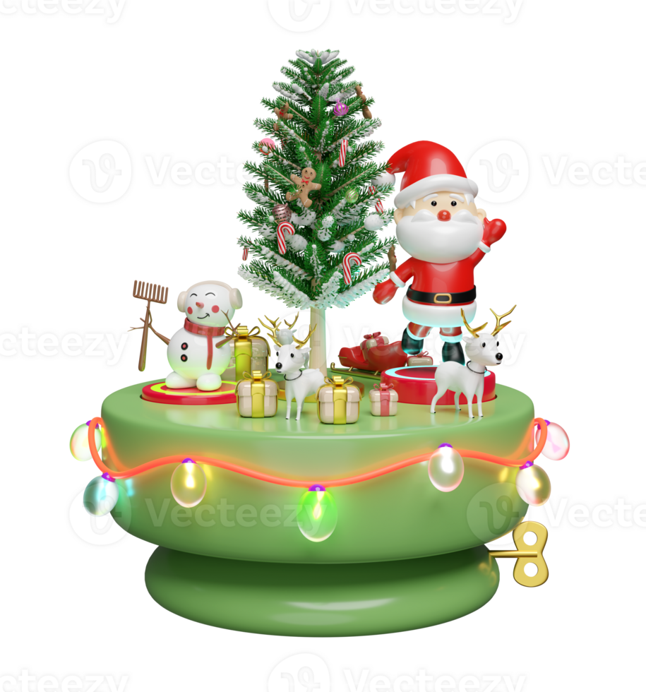 3d musical box with santa claus dance, snowman, deer, gift box, glass transparent lamp garlands. merry christmas and happy new year, 3d render illustration png